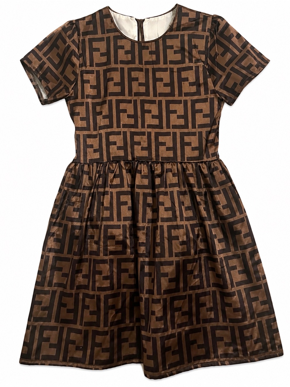 Fendi Brown and Dark Brown Logo Print Short Sleeve Girls Dress